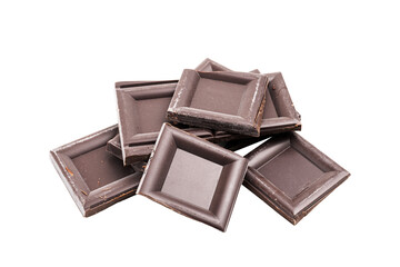 Dark chocolate pieces, cubes on a heap, broken chocolate isolated on white background