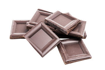 Dark chocolate pieces, cubes on a heap, broken chocolate isolated on white background