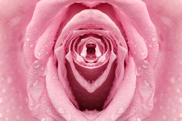 Erotic metaphor design. Rose bud with petals and water drops resembling vulva. Beautiful flower as background, closeup © New Africa
