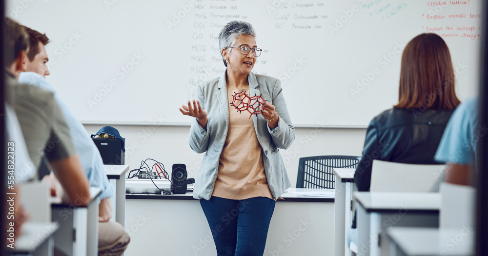 Poster Education, university professor and students in classroom for lecture on innovation in science, physics or math. Focus, attention and woman college teacher in presentation with diversity in learning.