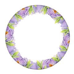 Watercolor hand drawn circle wreath with spring flowers, daffodils, crocus, snowdrops, leaves. Isolated on white background. Design for invitations, wedding, greeting cards, wallpaper, print, textile.