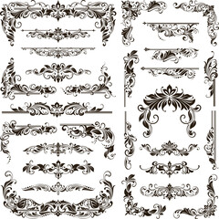 Vintage design lace borders monogram logo and corners, dividers Vector set art deco floral ornaments elements