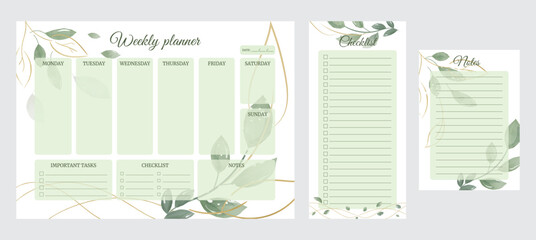 Set of horizontal personal weekly planner, notes, checklist template. Pages other format with Watercolor foliage design. Daily routine in vector format - obrazy, fototapety, plakaty