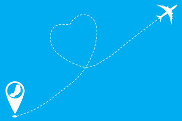 Blue background travel symbol. checkpoint symbol and shape heart zigzag line Destination(symbol Airplane).