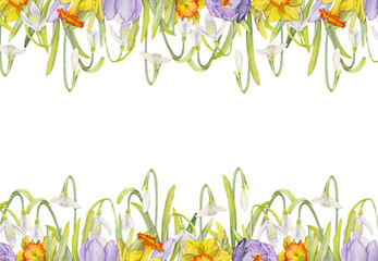 Watercolor hand drawn square frame with spring flowers, crocus, snowdrops, daffodils, leaves. Isolated on white background. Design for invitations, wedding, greeting cards, wallpaper, print, textile.