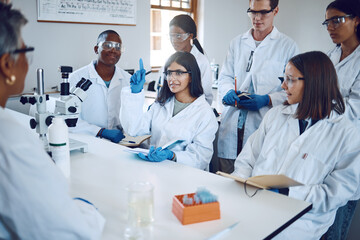Students, research and girl question in laboratory, class and studying healthcare. Scientist, young researchers or lecture for medical innovation, scientific methods and woman raise hand or education - obrazy, fototapety, plakaty