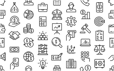 Seamless pattern with Business and Finance icons. Minimal thin line web icon set. Outline icons collection. Vector illustration