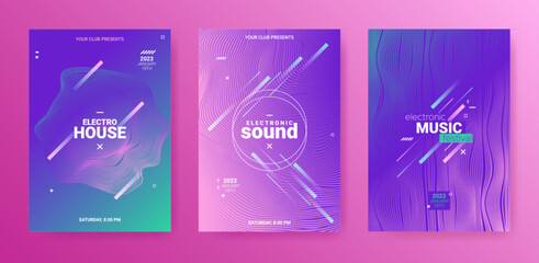 Psychedelic Abstract Dj Flyer. Electro Sound Cover. Techno Music Poster. Vector Edm Background. Futuristic Dj Flyer Set. Geometric Fest Banner. Gradient Wave Line. 3d Abstract Dj Flyer.