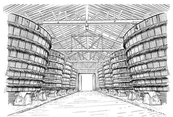 Factory fish sauce production facilities on Phu Quoc island hand drawn.