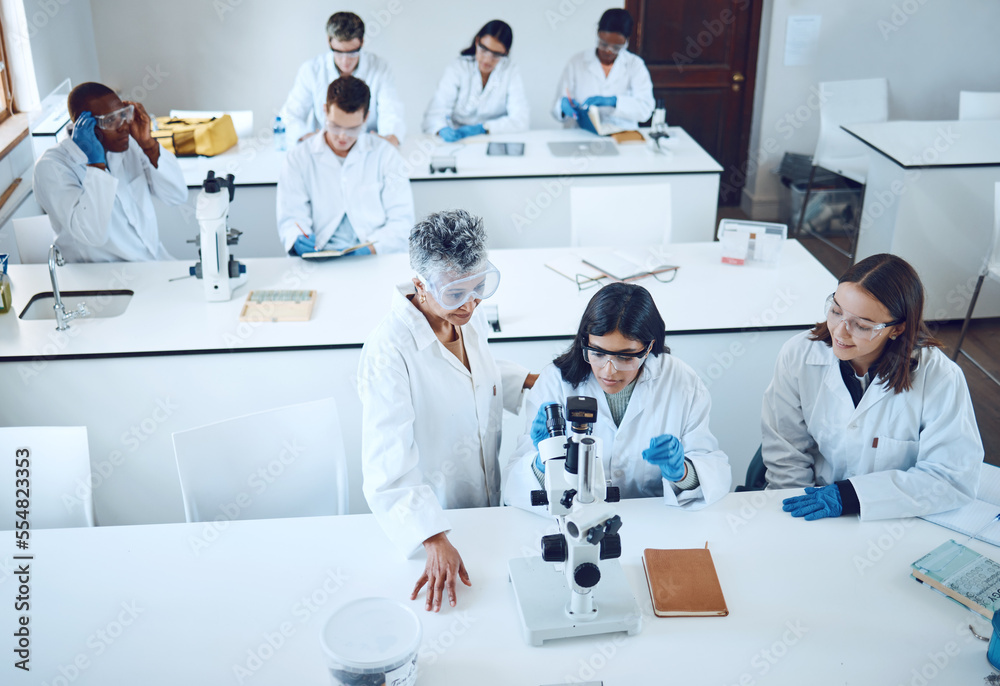 Poster science, university students and microscope in scientist lab for learning from mentor for medical ed
