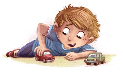 Foto op Canvas Illustration of a boy playing with a toy car © cirodelia