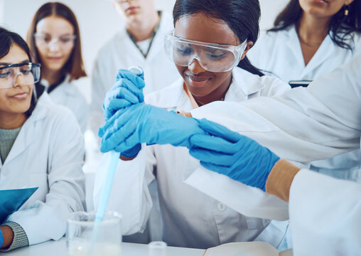 Science, Teamwork And Students Chemical Experiment Or Demonstration In Laboratory For Healthcare Innovation Or College Exam. Scientist, Medical Team And Pharmaceutical Research Or Analysis Study