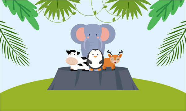 Cute jungle animals in cartoon style, wild animal, zoo designs for background illustration