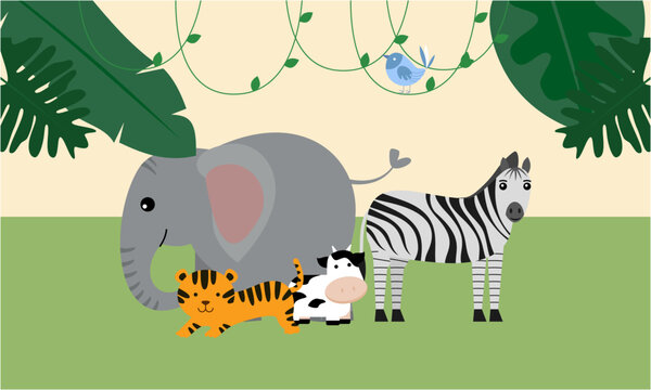 Cute jungle animals in cartoon style, wild animal, zoo designs for background illustration