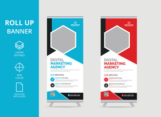 Roll up banner design with hexagon shapes artwork hexagon patterns and images. 