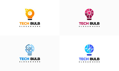 Set of Modern Tech Bulb logo designs concept, Pixel Technology Bulb Idea logo template