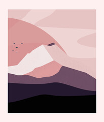 Abstract landscape poster. Nature wall decor contemporary art print, mid century mountain background. Vector illustration with textures, hue of pink, sun, evening, sunset, textured, detailed, clouds, 