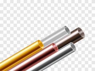 A set of copper, steel, aluminium, stainless, brass or gold pipes . Realistic vector illustration isolated on transparent background.