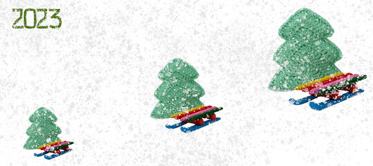 New Year's card 2023 PNG, TIF. A green Christmas tree crocheted of handmade threads and bright little sleigh made of wood with your own hands. Everything is covered in snow.