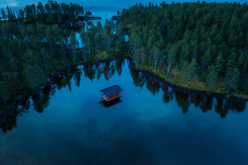 Drone Photography of A Sauna floating on a Swedish Lake in Lapland, Kvikkjokk