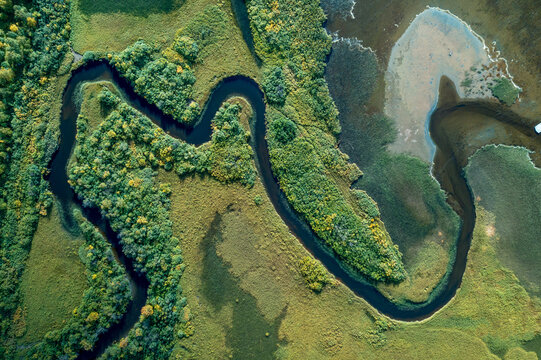 Drone Photograph of a River from above in Swedish Lapland, Sarek