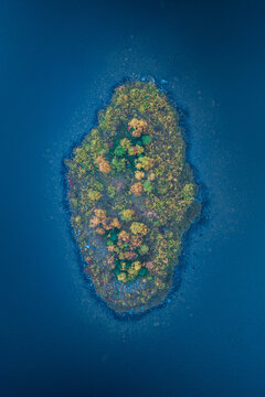 Aerial Overview Of Autumn Island on a Lake