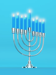Happy Hanukkah - Silver Realistic Menorah, Candle Stand Candelabrum with Lit Candles - 3D Illustration Render