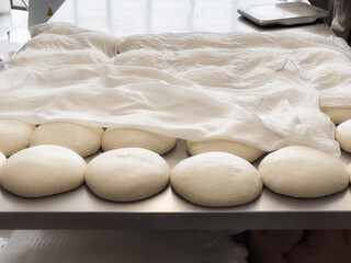 White bread dough buns ready to bake. Industrial bakery products preparation concepts