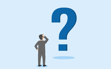 concept of problem solving, a man trying to think of problem and find the solution. a businessman figure out a way out of his business problem. vector illustration of confusion in business