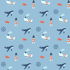 cute kids seamless pattern with lighthouse, whale, ship and starfish - obrazy, fototapety, plakaty