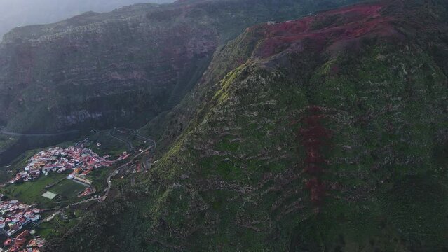 Aerial view of mountain village Agulo around Mirador de Abrante on La Gomera island. Beautiful village on island
