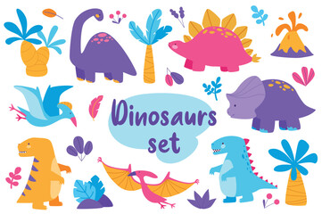 Obraz na płótnie Canvas Cute dinosaurs isolated elements set in flat design. Bundle of childish Jurassic reptiles with brontosaurus, stegosaurus, triceratops, pterodactyl, velociraptor and palm trees. Vector illustration.