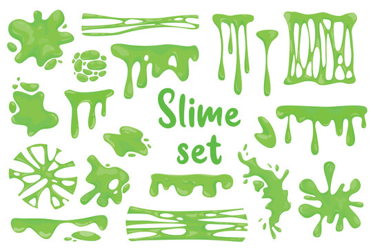 Green slime isolated elements set in flat design. Bundle of blobs and splashes of goo, different shapes of sticky dripping mucus, slimy stains texture, jelly borders with drops. Vector illustration.