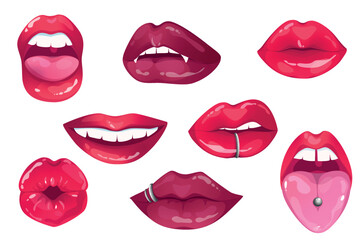 Female red lips isolated elements set in flat design. Bundle of women mouth with with different expressions of emotions, piercing, vampire fangs, protruding tongue and other. Vector illustration.