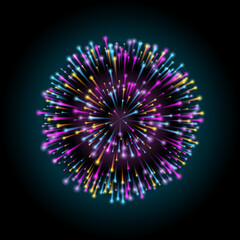 Glowing multicolored firework on dark background. Night bright advertisement. Abstract NEON splashes of a radial circular pattern. Vector illustration in neon style for festivals and parties 