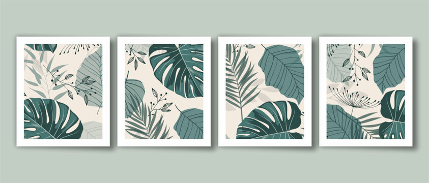 Tropical botanical wall art vector. Abstract art background with palm leaves, monstera leaf and design for wall decor, poster and wallpaper.