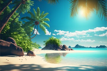 Fototapeta na wymiar Summer beach with palm trees and palm leaves with extreme blue color sky. Summer beach in blue sky with palm trees.