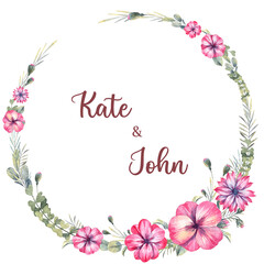 Cute decorative wreath design for wedding stationery and invitations with copy space inside. Watercolor hand painted detailed florals