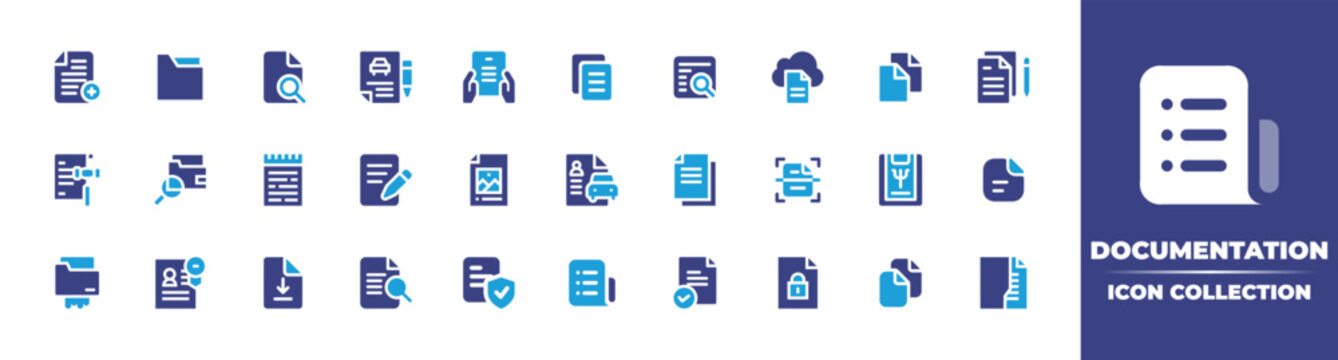 Documentation icon collection. Vector illustration. Containing add document, document, car insurance, reading, review, cloud, notes, legal document, note, writing, image, copy, scan, and more.