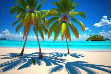 Summer beach with palm trees and palm leaves with extreme blue color sky. Summer beach in blue sky with palm trees.