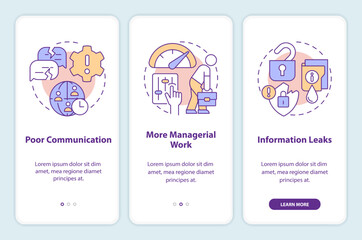 Outstaffing disadvantages onboarding mobile app screen. Data leaks walkthrough 3 steps editable graphic instructions with linear concepts. UI, UX, GUI template. Myriad Pro-Bold, Regular fonts used