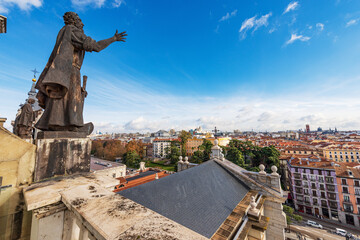 Madrid cityscape from the dome of the Almudena Cathedral (Catedral de Santa Maria la Real de la Almudena) in Neo-Romanesque, neo-Gothic and neo-Classical style, 1883-1993. Spain, southern Europe. 