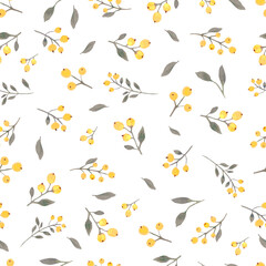 Watercolor seamless pattern with abstract yellow berries. Hand drawn floral illustration isolated on white background. For packaging, wrapping design or print.