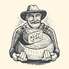 Senior farmer with holding organic cheese round. Milk products industry. Cow milky farm eco business. Healthy nutrition