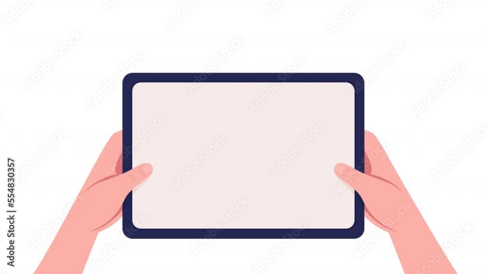 Poster animated first view hands with tab. use gadget. hold device. digital technology. flat object on whit