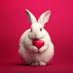 Fototapeta premium A white fluffy rabbit holds a red heart in its paws on a pink background, generative AI, generative artificial intelligence