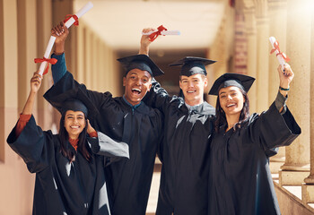 Students, hands up or graduation success with diploma paper, certificate documents or degree in school diversity, university or college campus. Portrait, smile or happy graduate friends, men or women - Powered by Adobe