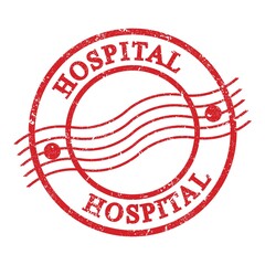 HOSPITAL, text written on red postal stamp.