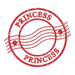 PRINCESS, text written on red postal stamp.