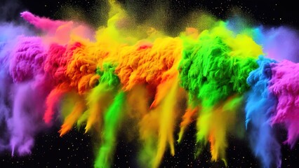 White wide panorama background and colorful rainbow holi paint color powder explosion isolated background.